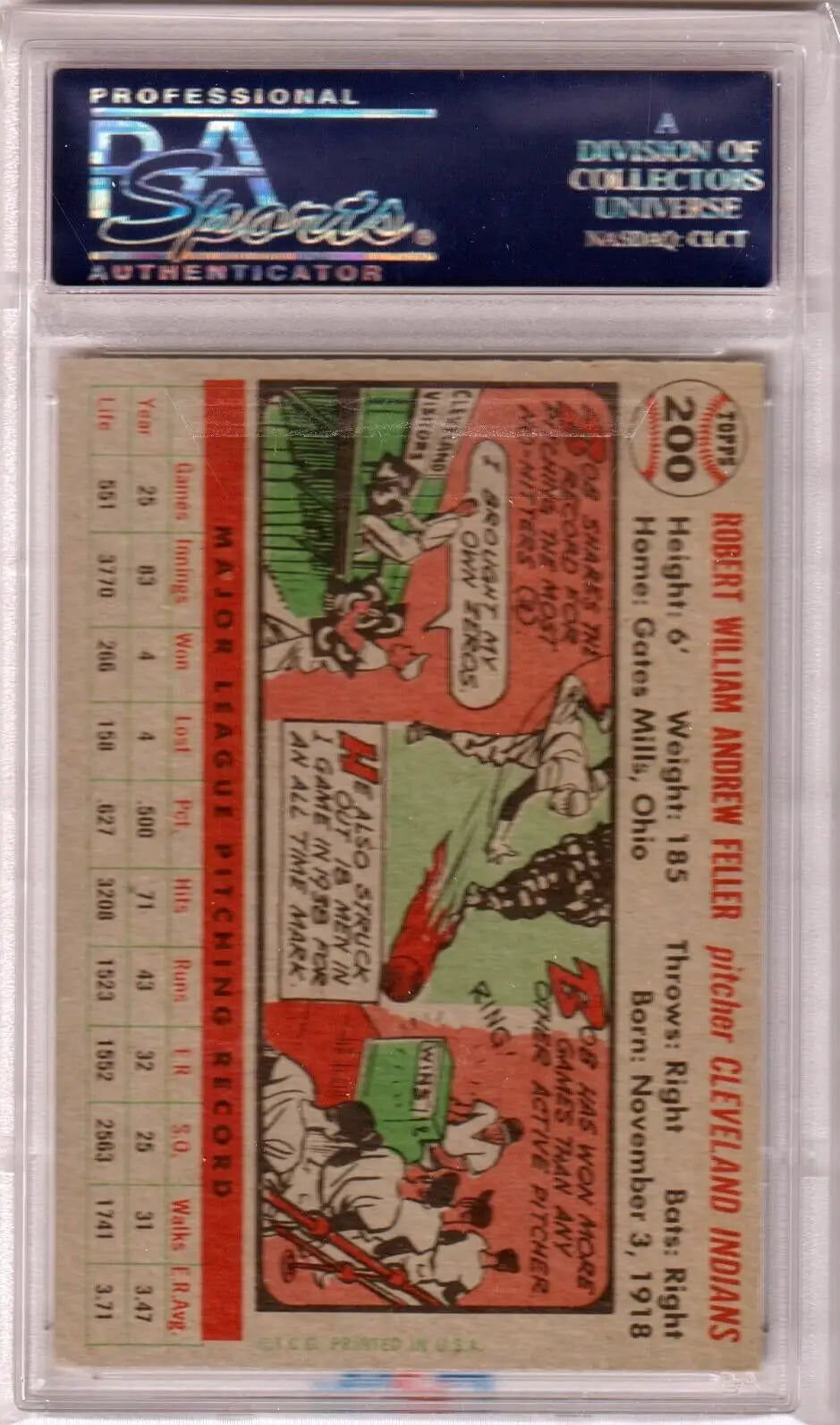 Vintage Bob Feller 1956 Topps #200 PSA 7 NM card in holder, ideal for single cards collectors