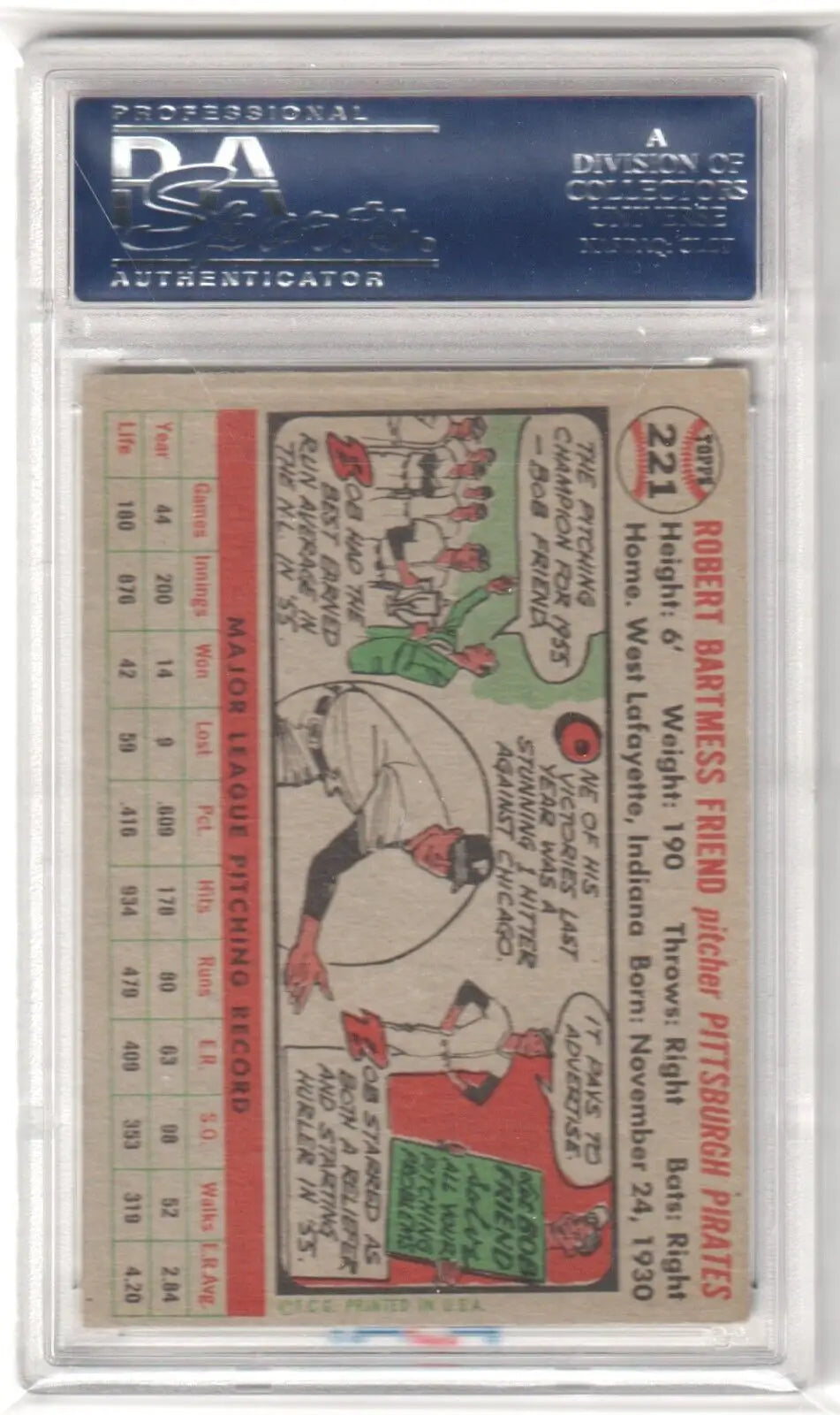 PSA-graded BOB FRIEND 1956 Topps #221 vintage baseball card with cartoon illustration