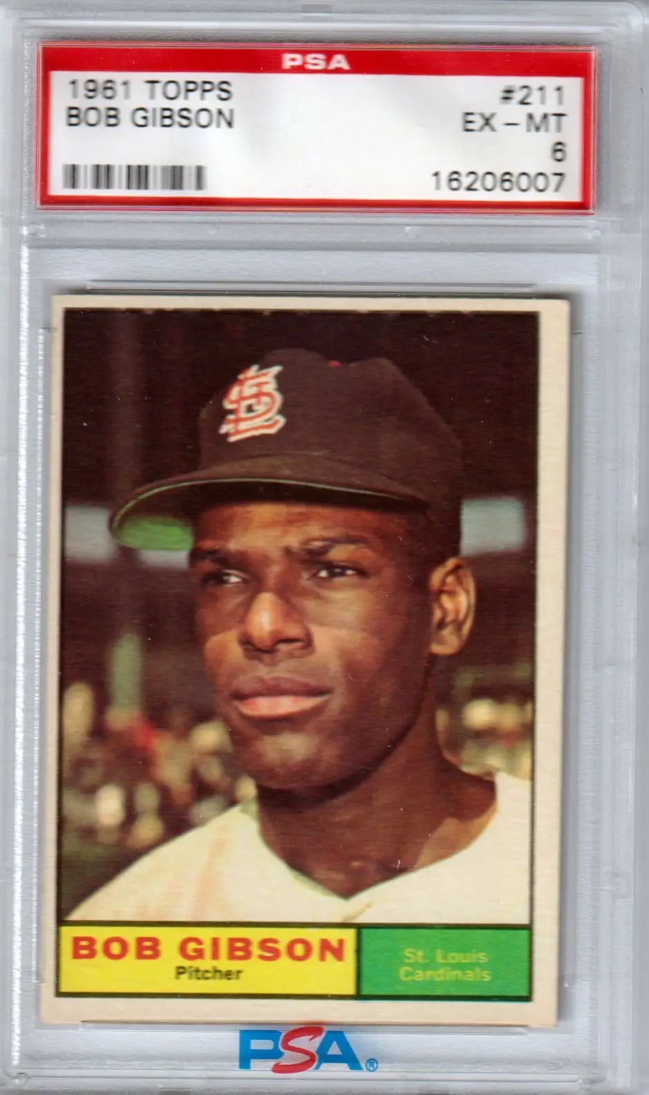 PSA-graded 1961 Topps Bob Gibson trading card featuring St. Louis Cardinals player