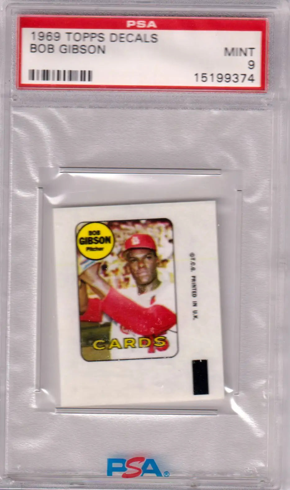 PSA 9 Mint Bob Gibson 1969 Topps Decals card in protective holder at Columbia Hobby