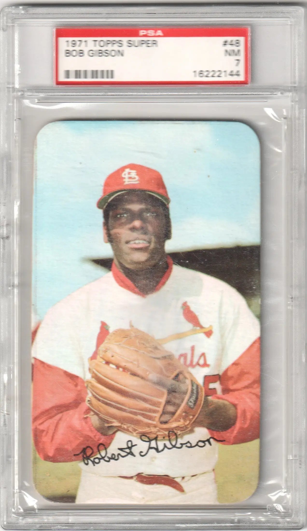 PSA-graded Bob Gibson 1971 Topps Super #48 baseball card in protective case from Columbia Hobby