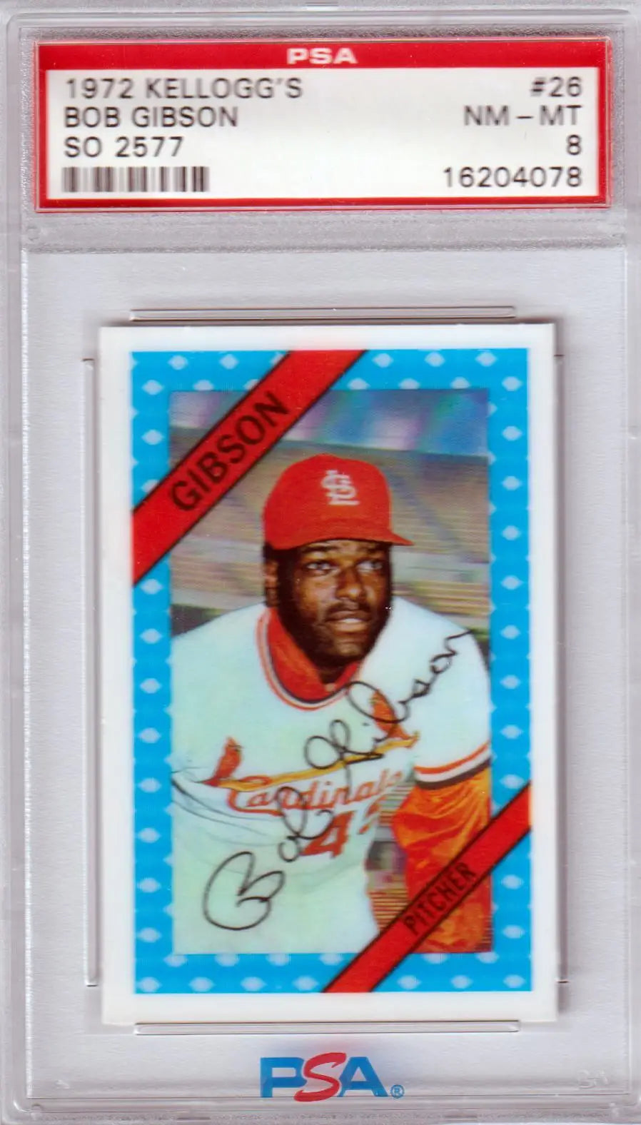 PSA-graded Bob Gibson 1982 Kellogg’s card in red cap, perfect for Columbia Hobby trading cards