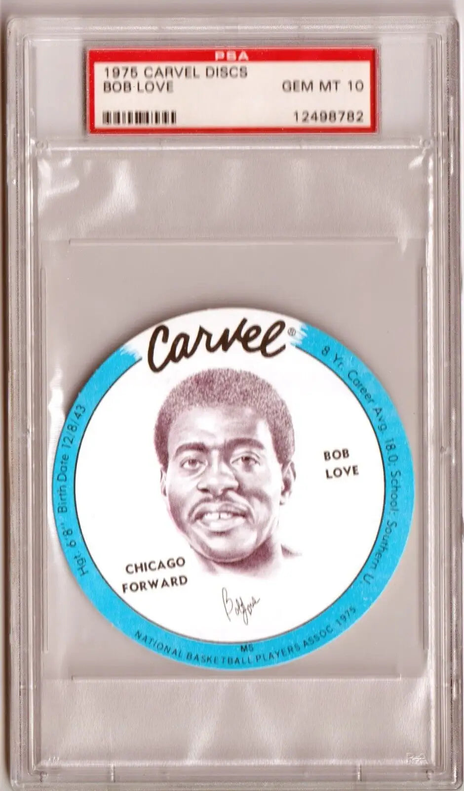 PSA-graded 1976 Carvel Discs Bob Love basketball card with blue border for single cards