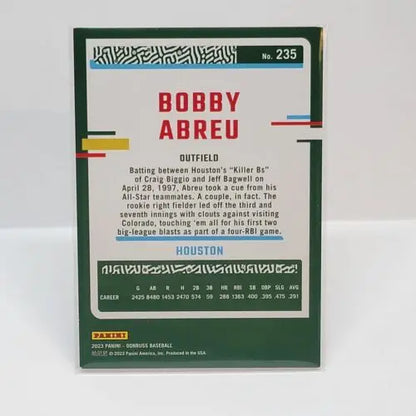 Back of Bobby Abreu 2023 Panini Donruss Red card with statistics and biography