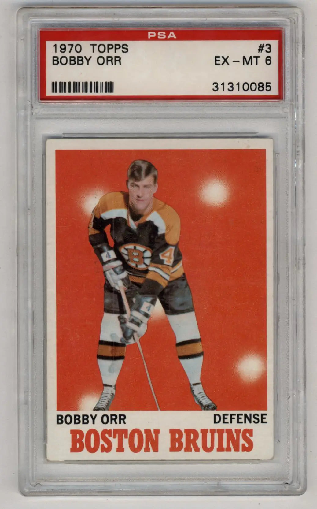 PSA-graded 1970 Topps Bobby Orr trading card in protective case for collectors