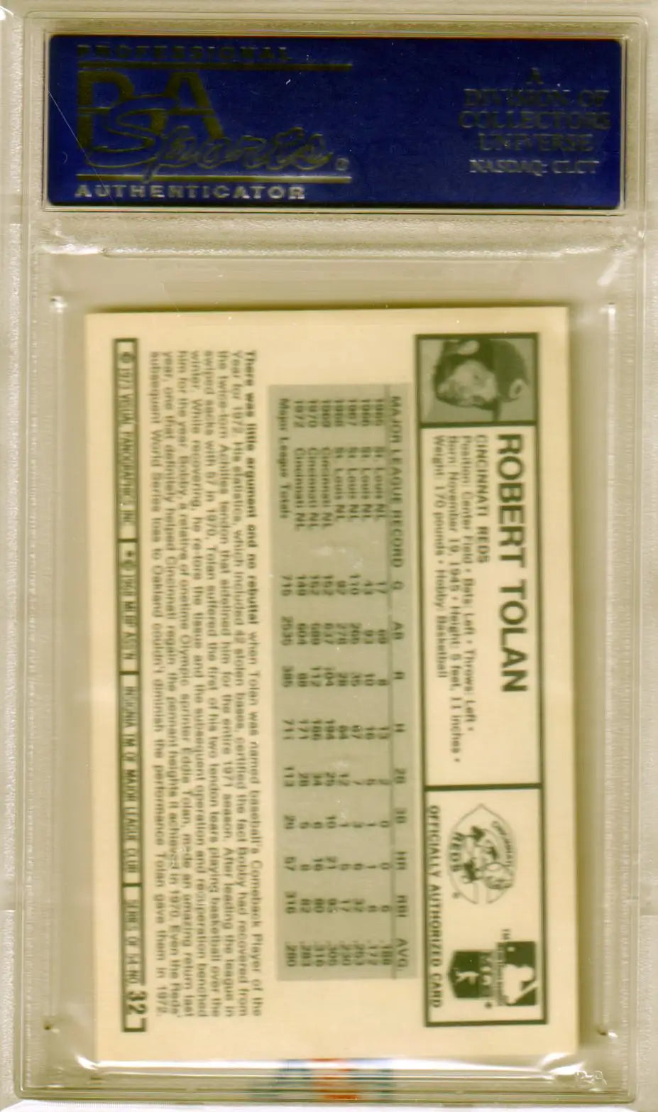 PSA-graded Bobby Tolan 1973 Kellogg’s Pro Superstars trading card from Columbia Hobby