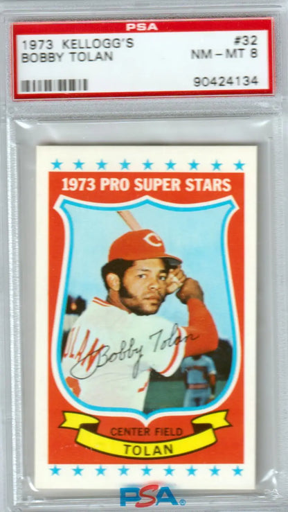 Bobby Tolan 1973 Kellogg’s Pro Super Stars baseball card in PSA case for Columbia Hobby