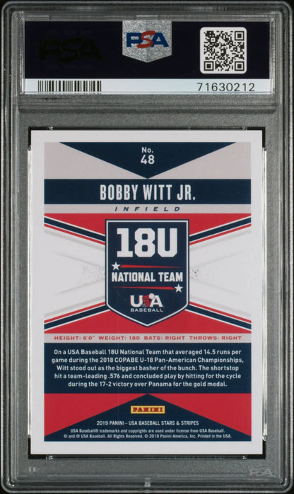 Baseball trading card of Bobby Witt Jr. 2019 Panini Stars Stripes Longevity design