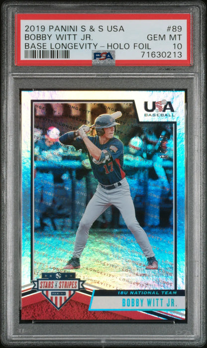 PSA 10 Gem Mint Bobby Witt Jr. 2019 Panini Stars Stripes Longevity Holo trading card