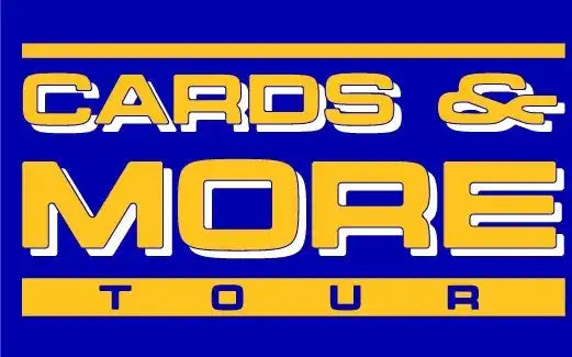 Bold yellow text reading ’CARDS & MORE TOUR’ on a blue background.