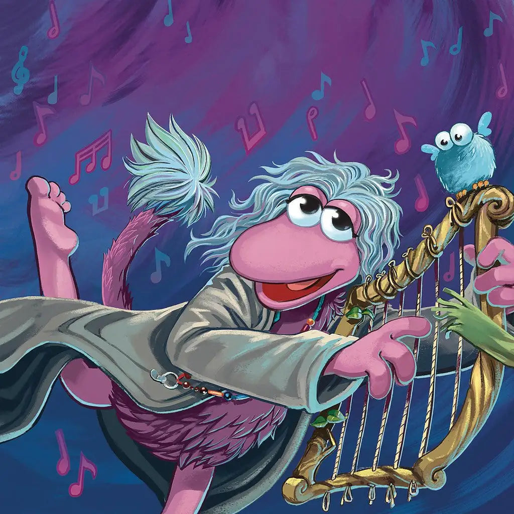 Pink Muppet character playing a golden harp with a blue creature for Jim Henson Fraggle Rock