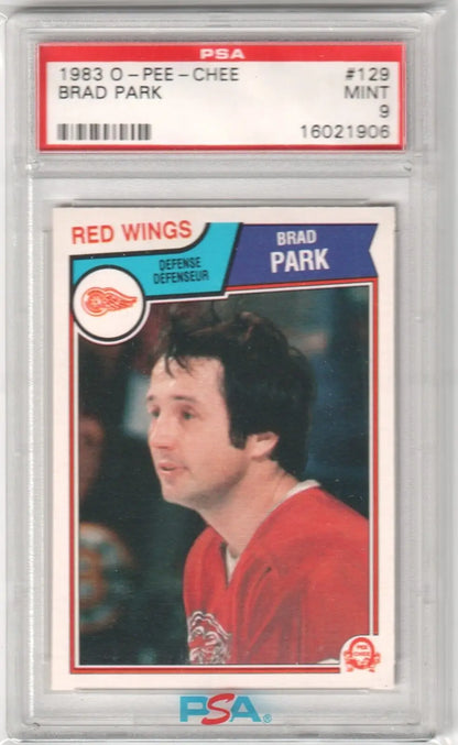 PSA-graded 1983-84 O-Pee-Chee Brad Park Red Wings card in case for single cards at Columbia Hobby