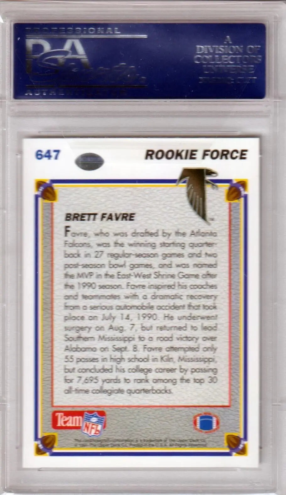 Back of Brett Favre 1991 Upper Deck RC Rookie trading card with biography in border