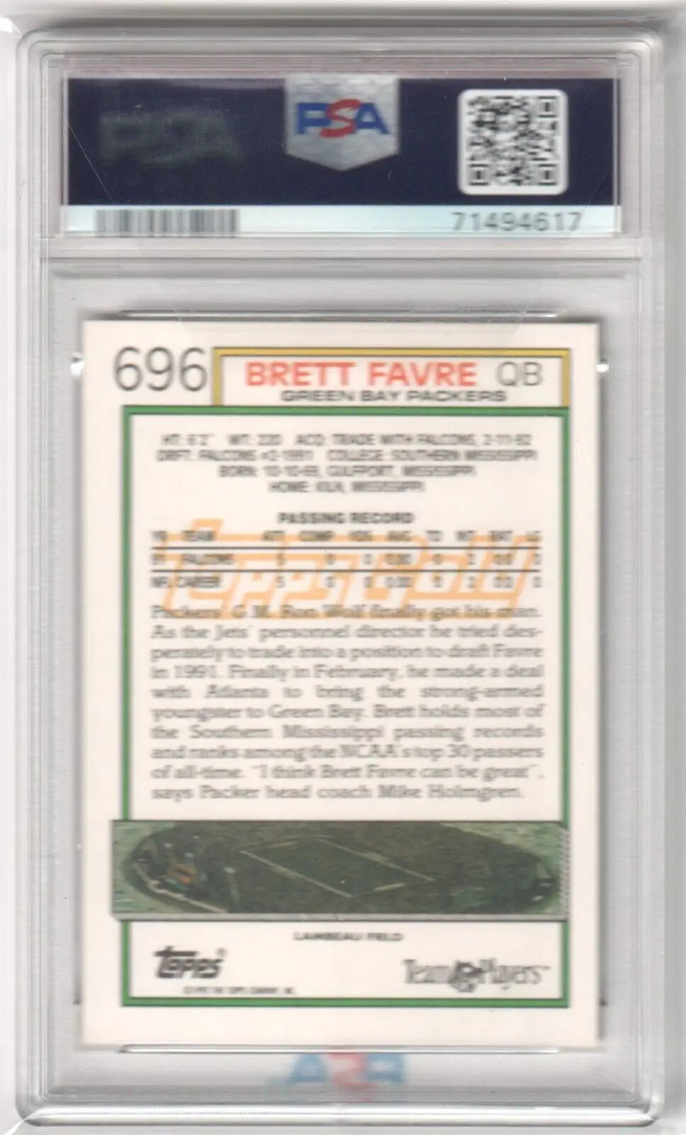 PSA-graded Brett Favre 1992 Topps Gold #696 single card in protective case for Columbia Hobby