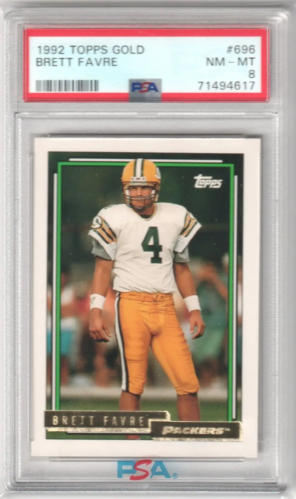 PSA-graded 1992 Topps Gold Brett Favre card in protective case from Columbia Hobby