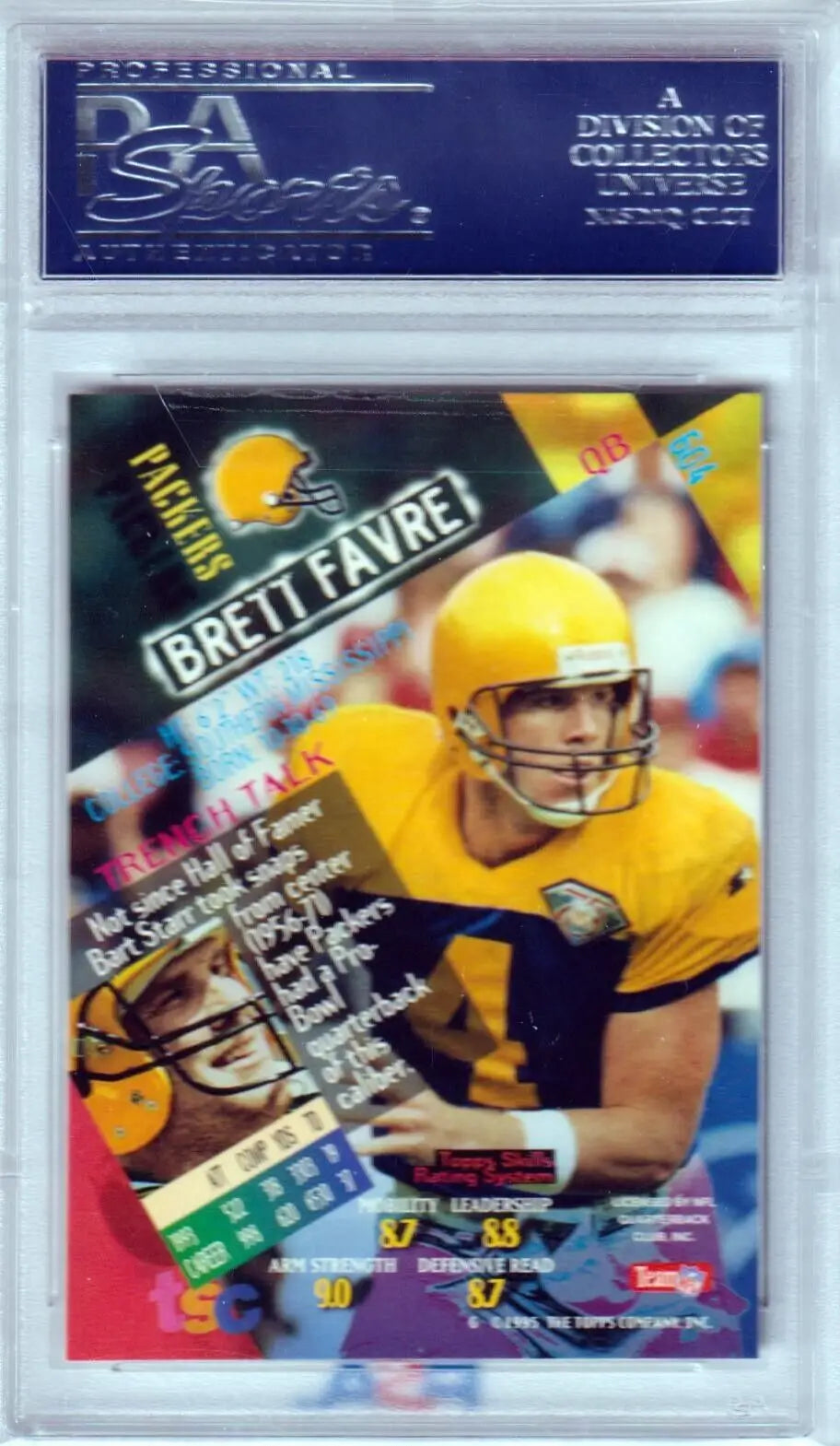 PSA-graded Brett Favre 1994 Topps Stadium Club football card in Green Bay Packers jersey