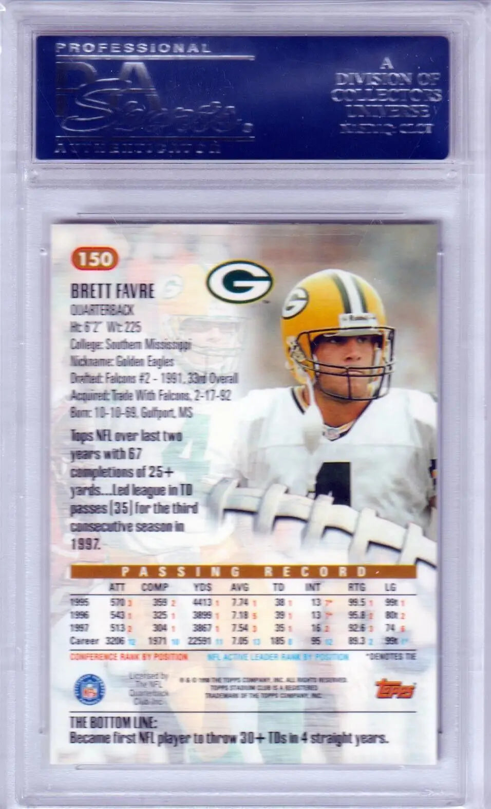 Brett Favre 1998 Topps Stadium Club #150 PSA 10 GEM MINT football card in case, Columbia Hobby