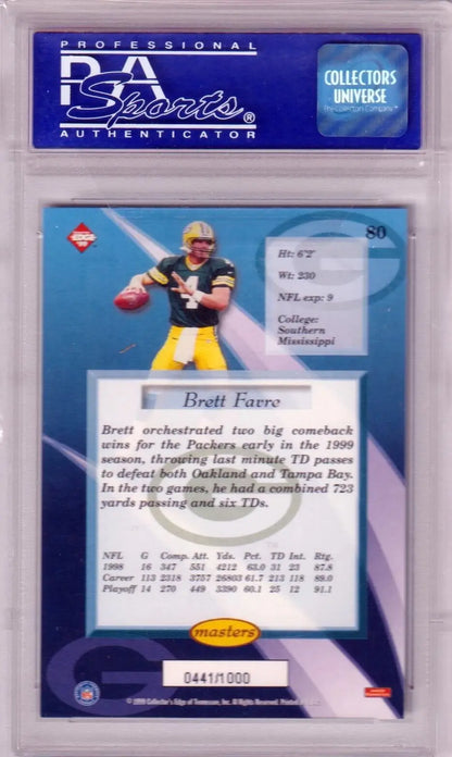 PSA-graded Brett Favre 1999 Collectors Edge Masters football card from Columbia Hobby