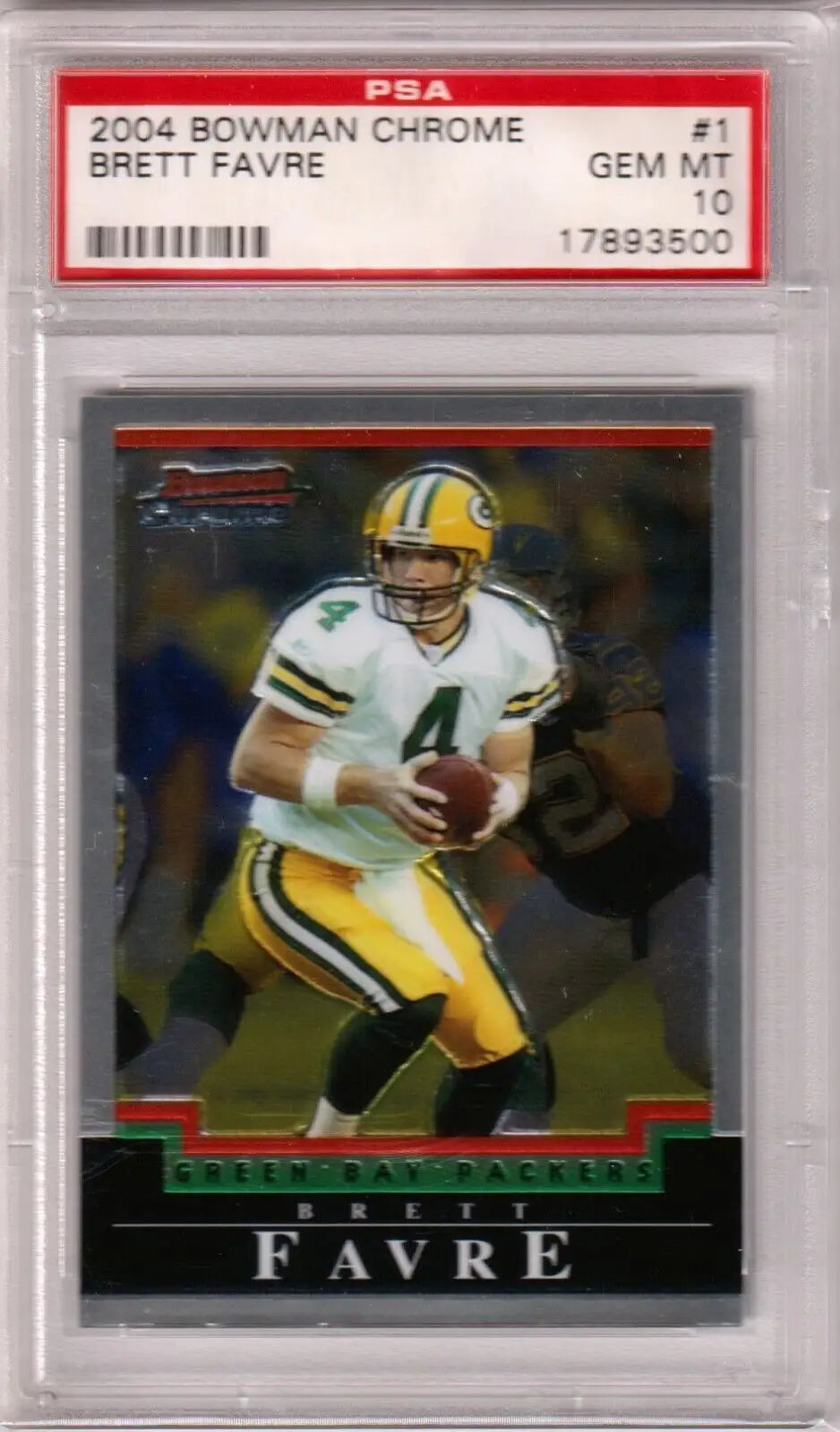 PSA-graded 2004 Bowman Chrome Brett Favre card #4 in white jersey from Columbia Hobby