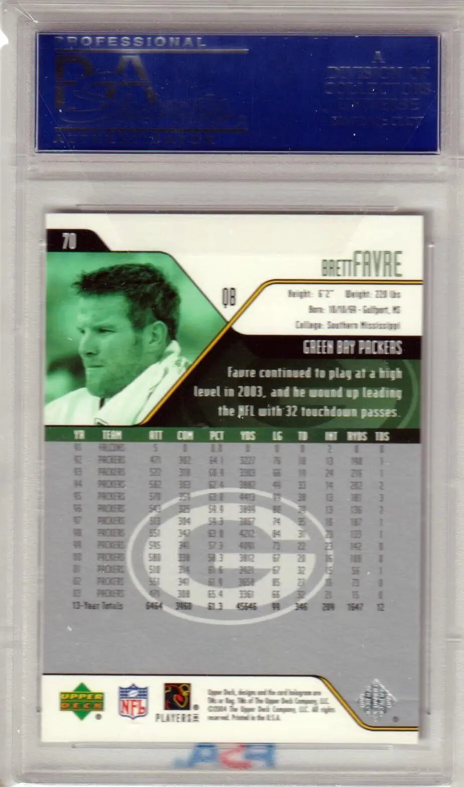 Brett Favre 2004 Upper Deck #70 PSA 10 single card with green portrait and stats