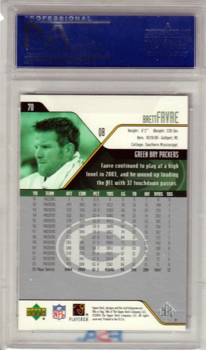 Brett Favre 2004 Upper Deck #70 PSA 10 single card with green portrait and stats