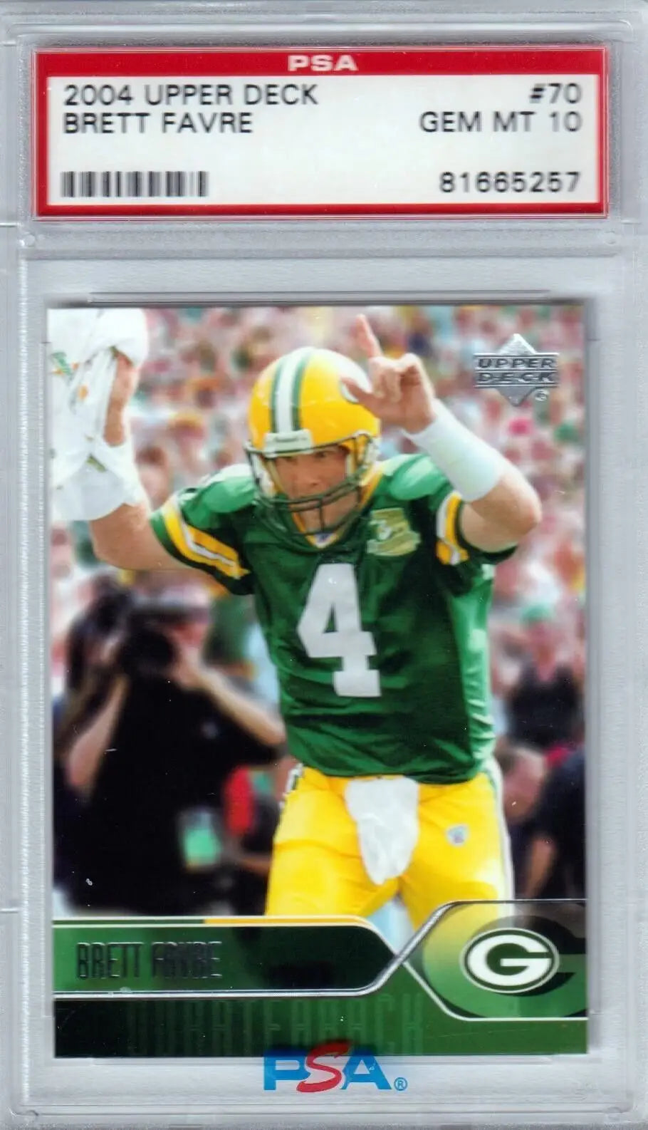 PSA 10 graded Brett Favre 2004 Upper Deck single card in protective case at Columbia Hobby