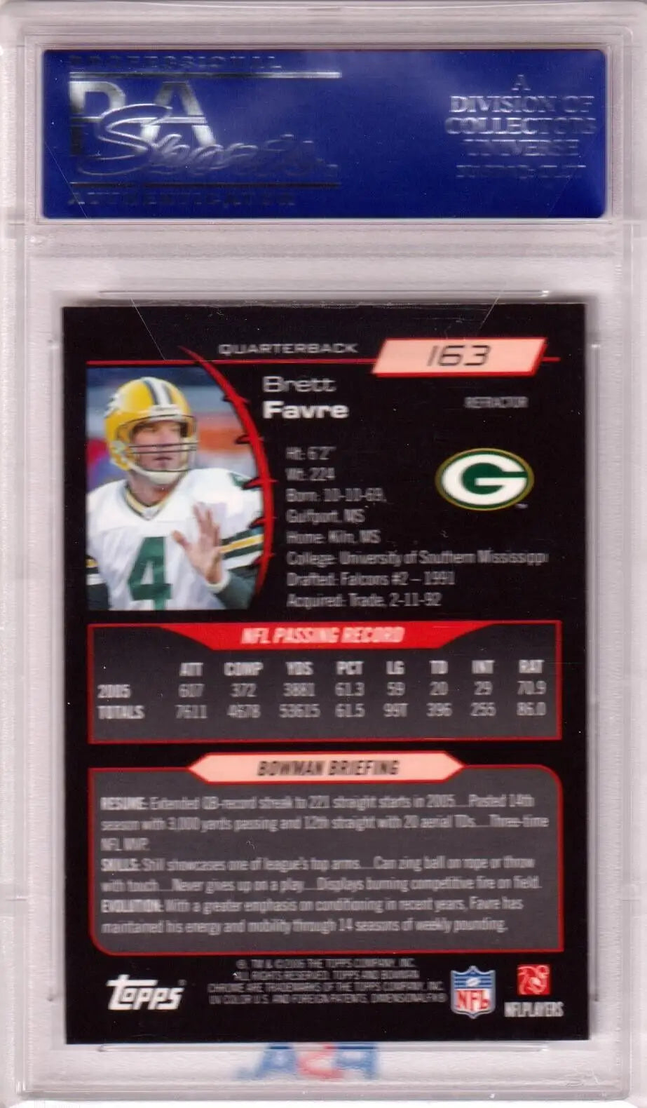 Brett Favre 2006 Bowman Chrome Refractor card in holder for single cards with free shipping