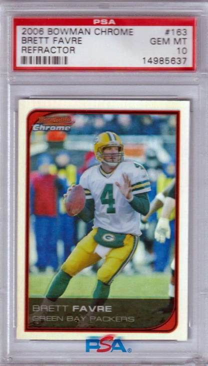 PSA 10 GEM MINT Brett Favre 2008 Bowman Chrome football card for single cards collectors