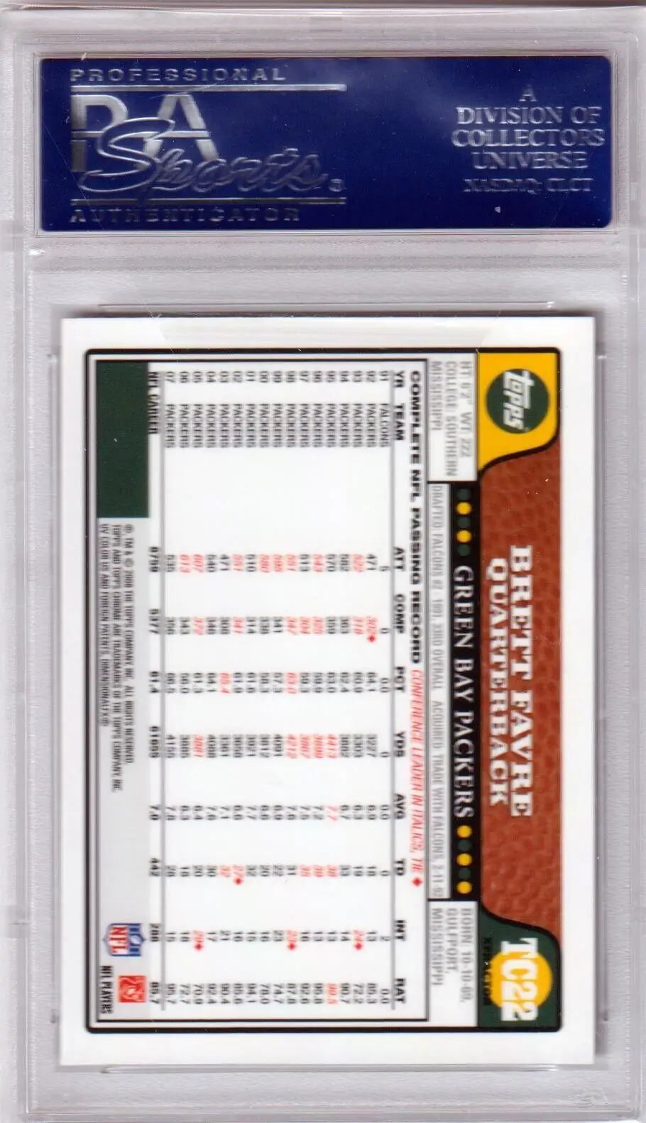 PSA-graded Brett Favre 2008 Topps Chrome X-fractor in protective holder from Columbia Hobby