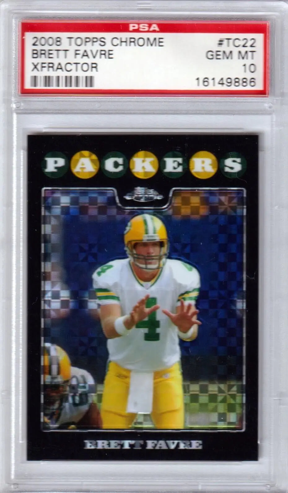 PSA-graded Brett Favre 2008 Topps Chrome X-fractor football card from Columbia Hobby