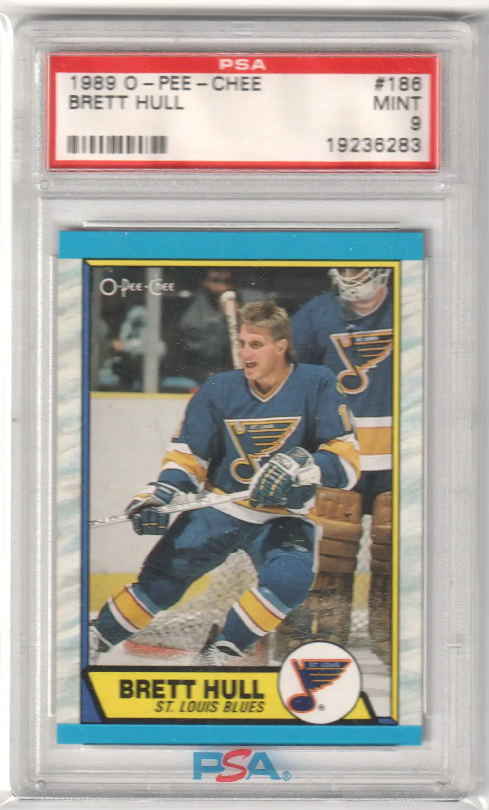 PSA-graded 1989 O-Pee-Chee Brett Hull trading card in case from Columbia Hobby