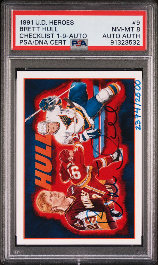 Brett Hull 1991 Upper Deck Heroes Autograph card PSA 8 in protective case for collectors