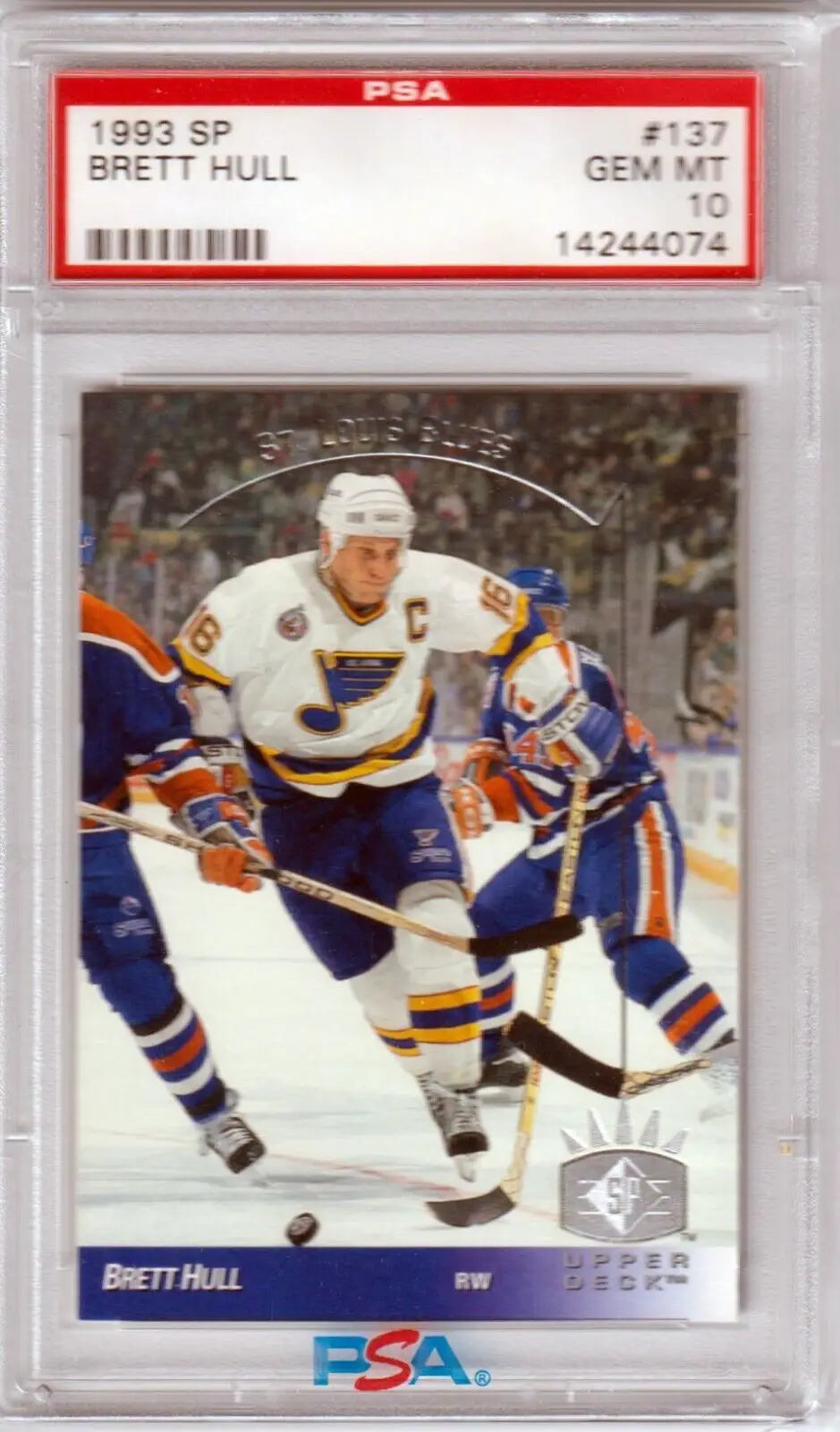 PSA-graded 1993 Brett Hull hockey card action against Edmonton Oilers from Columbia Hobby