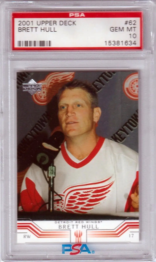 PSA-graded 2001 Upper Deck Detroit Red Wings Brett Hull card in protective case from Columbia Hobby