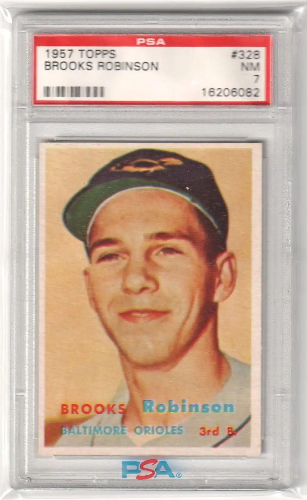 PSA-graded 1957 Topps Brooks Robinson Rookie card in protective case from Columbia Hobby