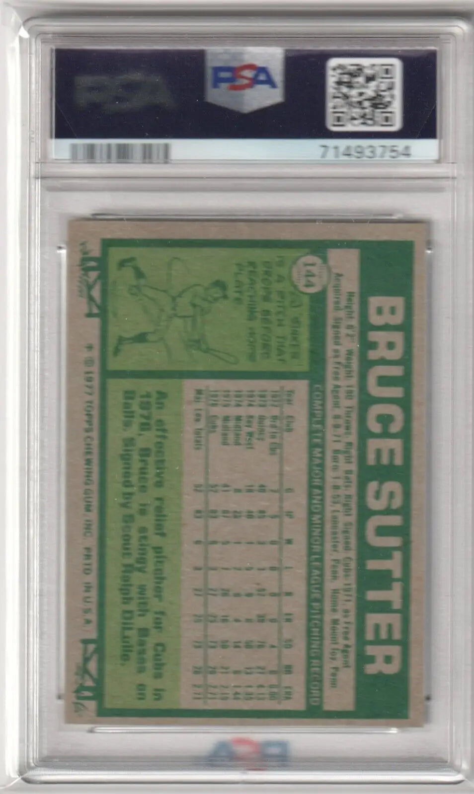 PSA-graded Bruce Sutter 1977 Topps RC Rookie #144 vintage baseball card with green back