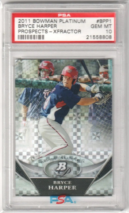 PSA-graded Bryce Harper 2011 Bowman Platinum X-Fractor single card - Columbia Hobby free shipping