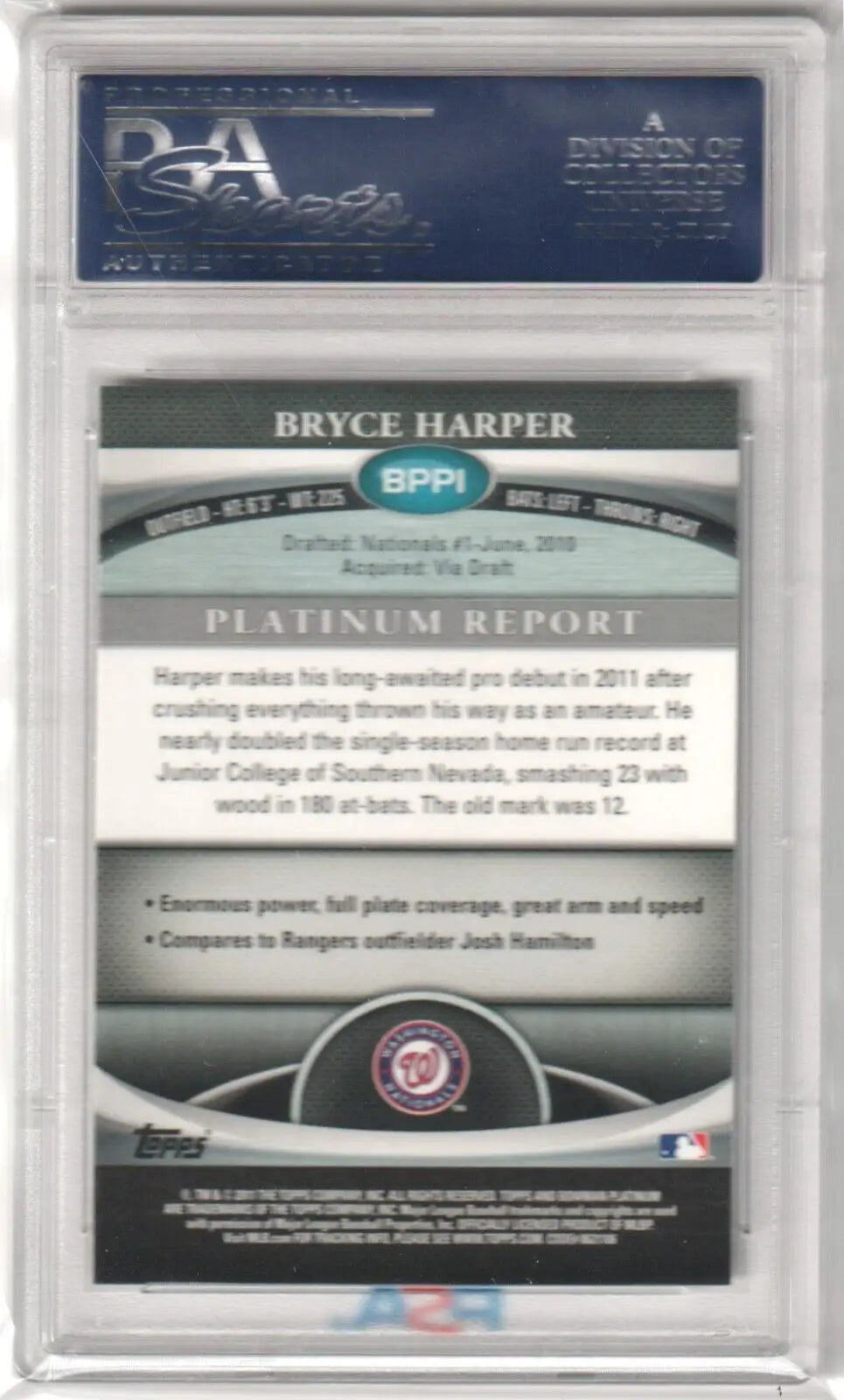 Back side of Bryce Harper 2011 Bowman Platinum Prospects Xfractor single card stats