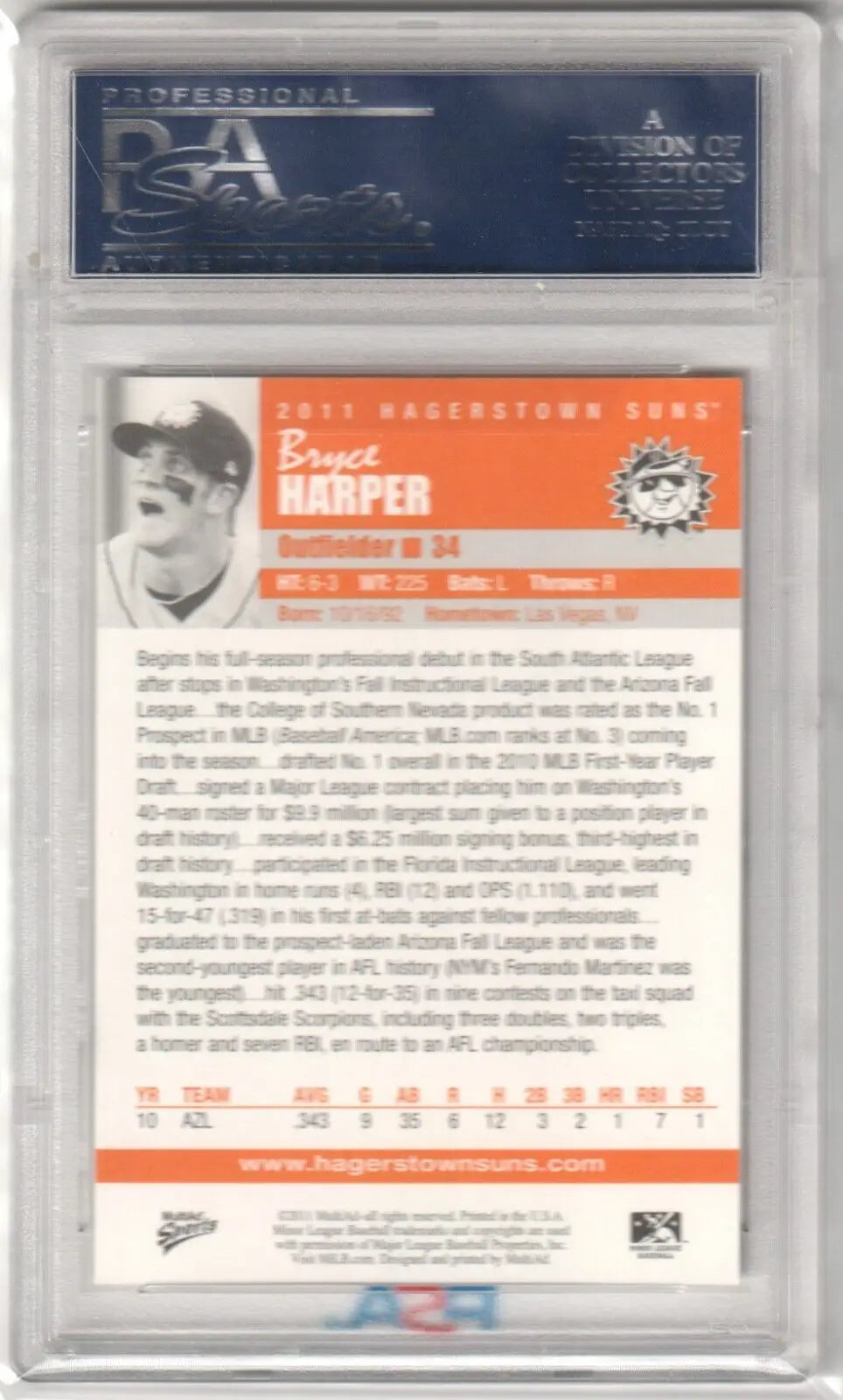 Baseball trading card in case with orange and black text, Bryce Harper PSA 10 GEM MINT