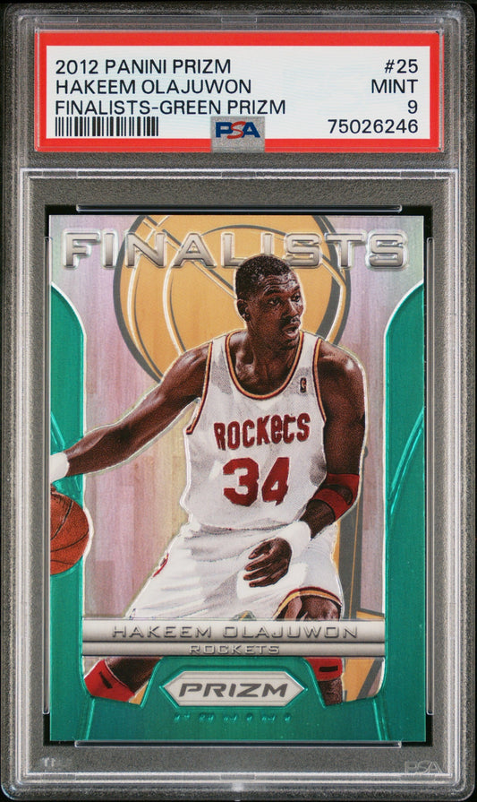 PSA 9 Mint Hakeem Olajuwon 2012 Panini Prizm Finalists Green Prizm card #34 Houston Rockets