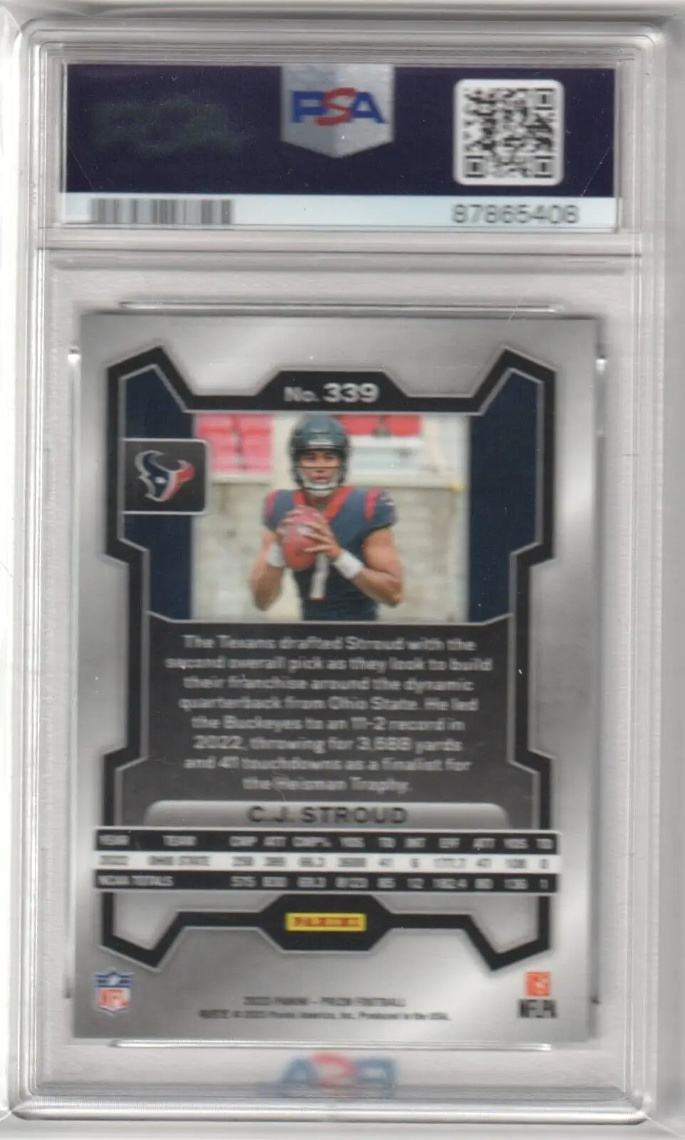 Back of C.J. Stroud 2023 Prizm Rookie RC #339 PSA 9 Mint football card, single cards from Columbia Hobby