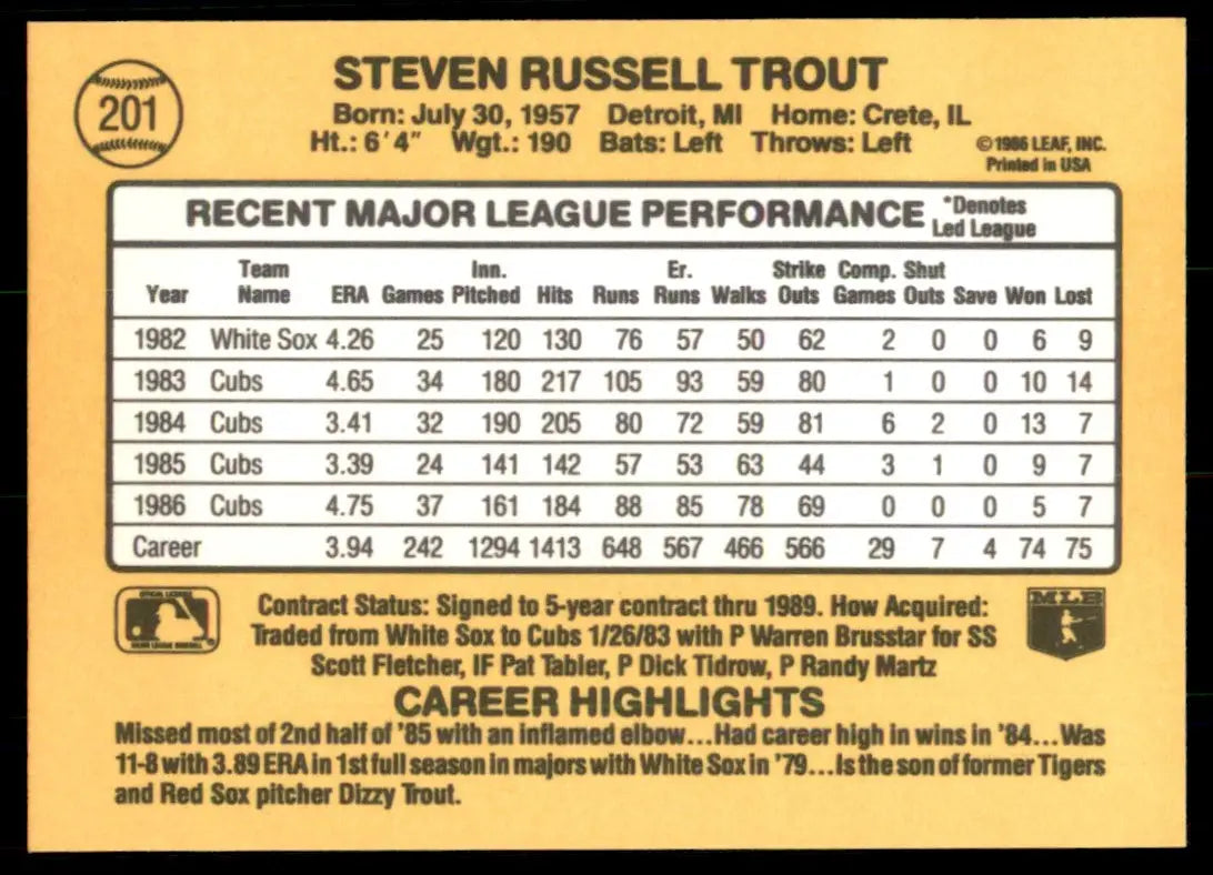 1987 Donruss Steve Trout Chicago Cubs #201