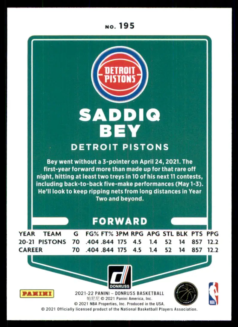 2021-22 Panini Donruss Saddiq Bey Detroit Pistons #195