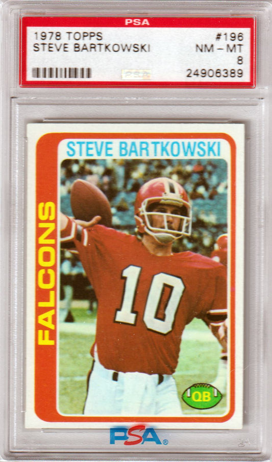 PSA-graded 1978 Topps Steve Bartkowski trading card featuring Falcons quarterback in red jersey