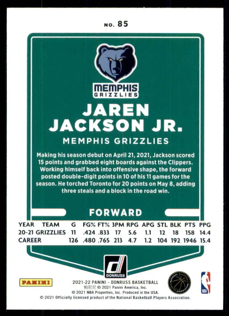 2021-22 Panini Donruss Jaren Jackson Jr. Memphis Grizzlies #85