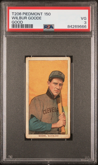 Wilbur Goode Good 1909-11 T206 Piedmont baseball card of a Cleveland player with bat