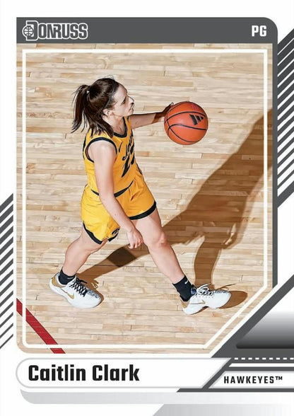 Basketball trading card of Caitlin Clark in yellow Iowa Hawkeyes uniform dribbling ball