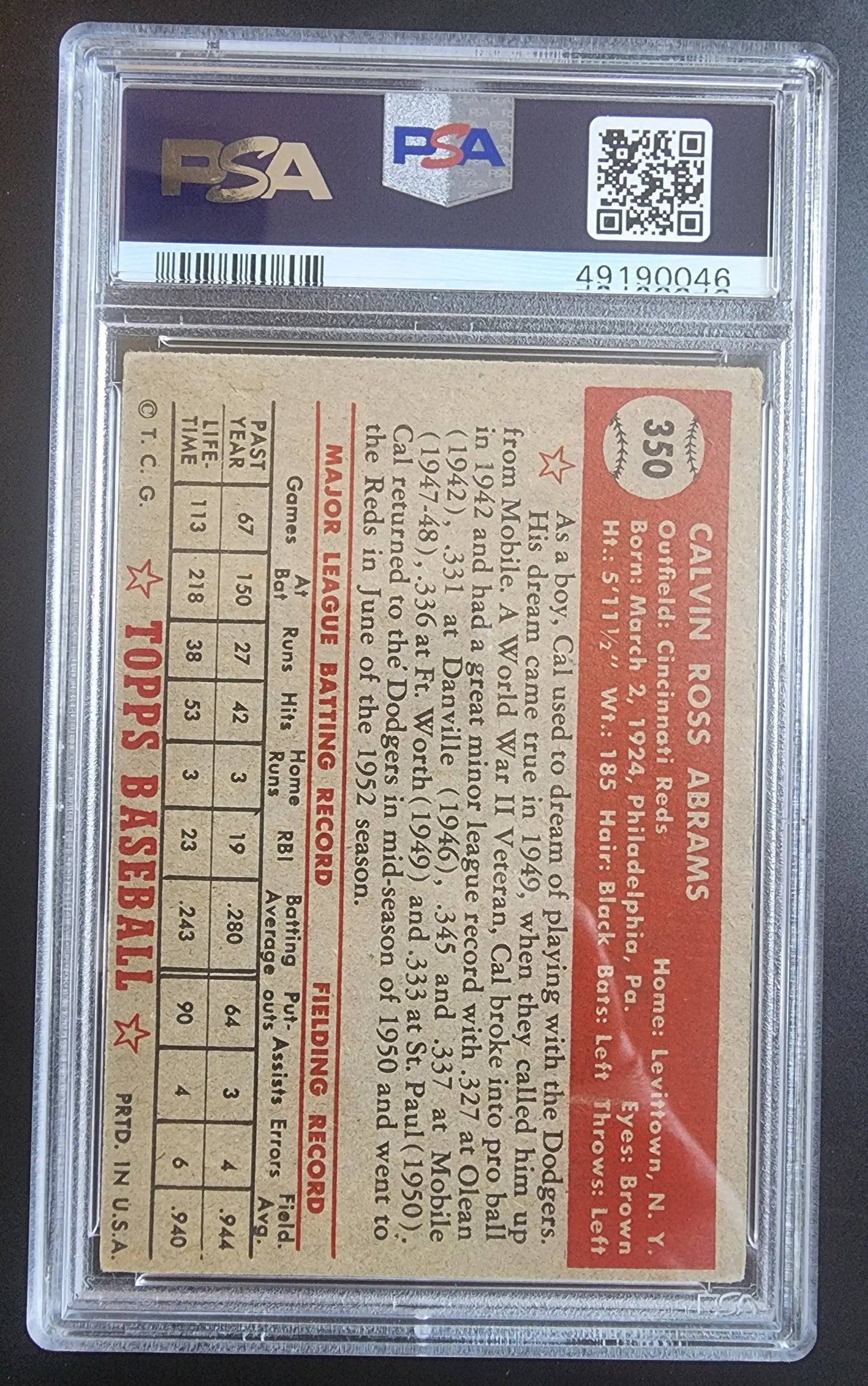 Vintage Cal Abrams 1952 Topps #350 baseball card in PSA case with stats on back