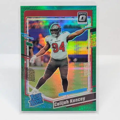 Holographic green-bordered football card of Calijah Kancey Rated Rookie 2023 Donruss Optic