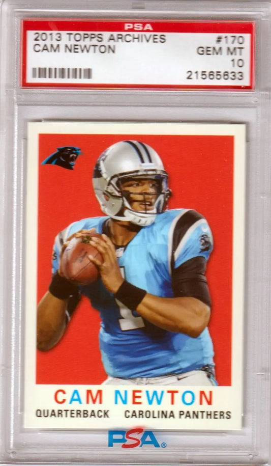 PSA-graded Cam Newton 2013 Topps Archives football card in light blue jersey, Panthers